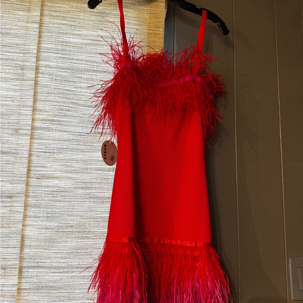 STAUD Vibrant Red Feather-Embellished Dress